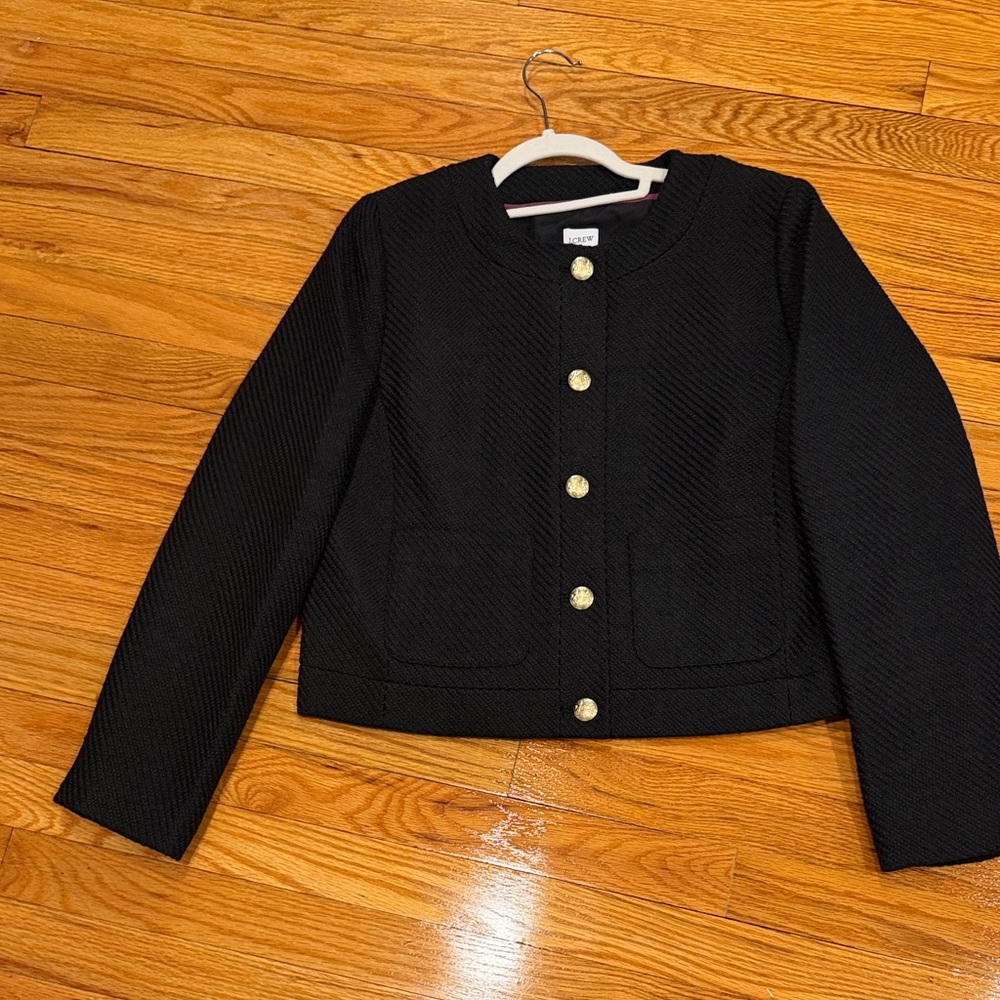 J. Crew Black Textured Cropped Jacket with Gold Buttons